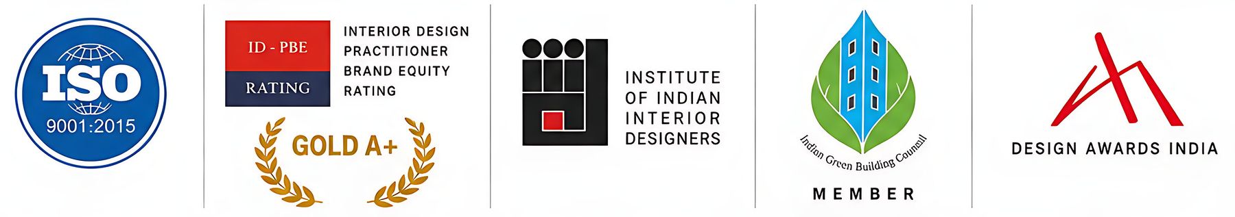 ISO 9001:2015, ID-PBE Gold A+, Institute of Indian Interior Designers, IGBC member, Design Awards India
