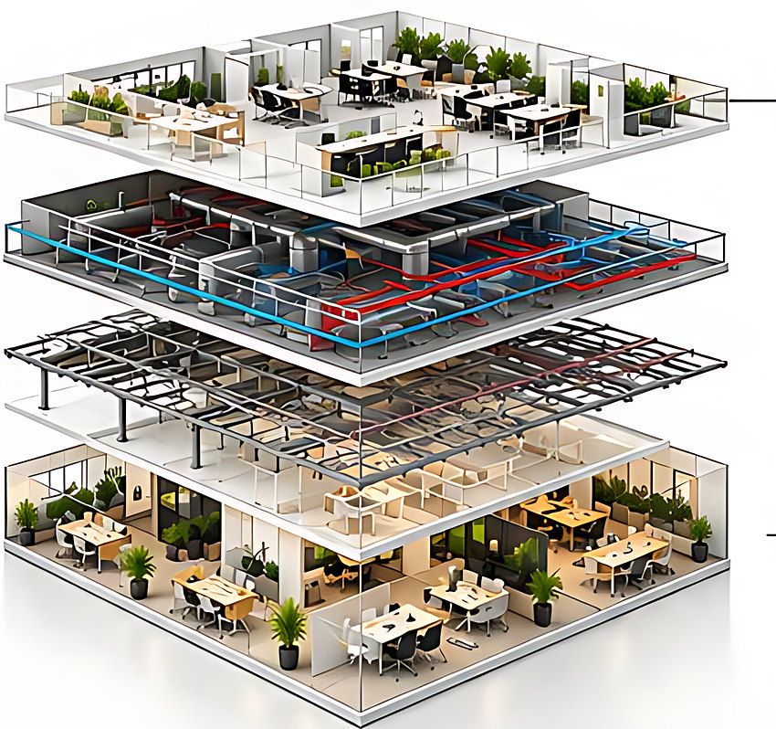 Exploded view: design, engineering and execution layers forming a finished workplace
